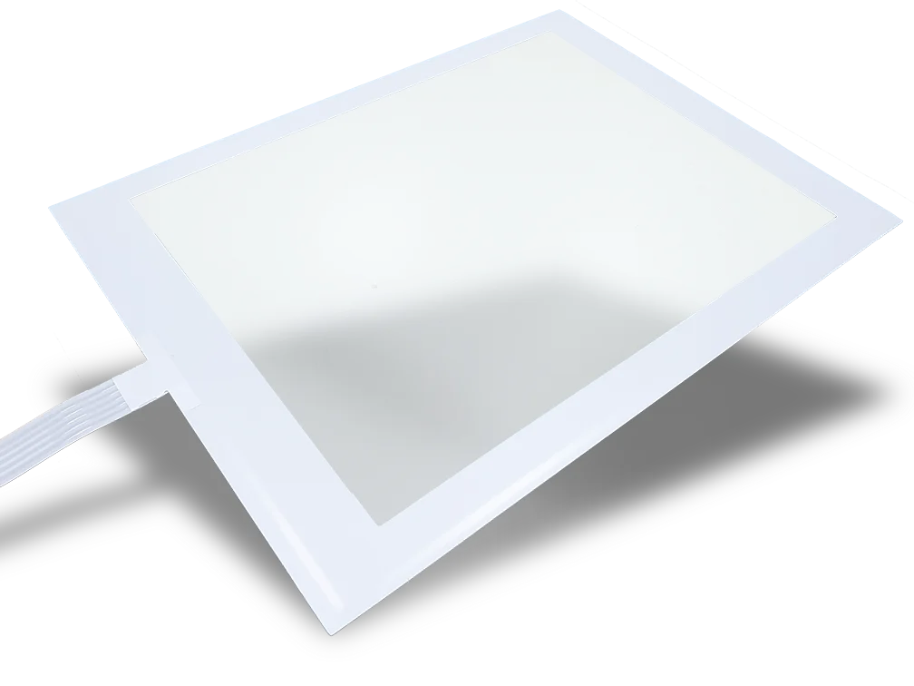 Anti-abrasion GFG structured resistive touch panel incorporating an ultra thin glass on top with white pet protection.