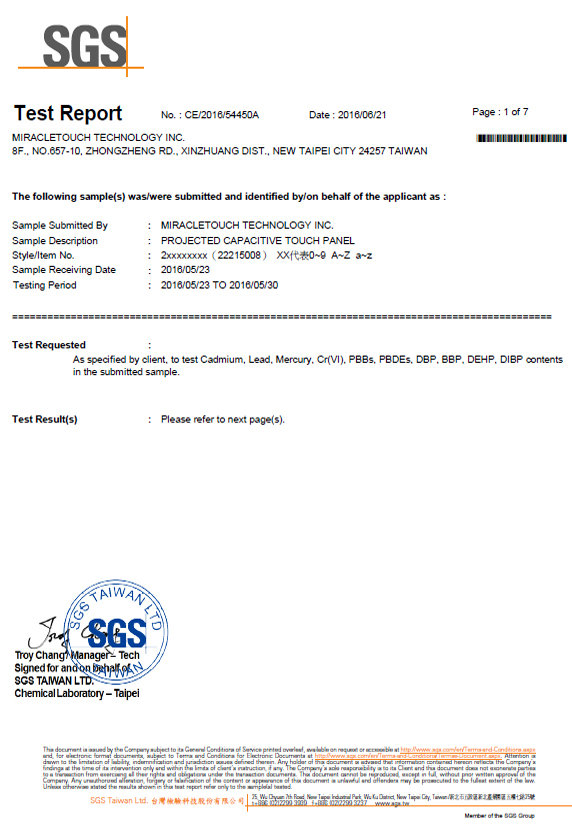 CE certificate for touch screen manufacturer