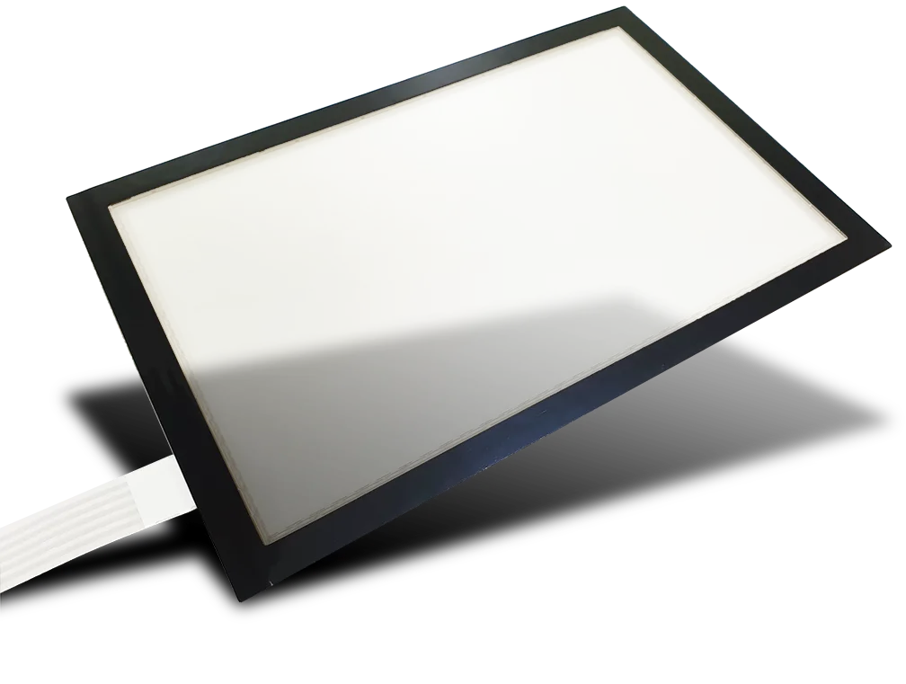 Anti-abrasion GFG structured resistive touch panel incorporating an ultra thin glass on top with black pet protection.