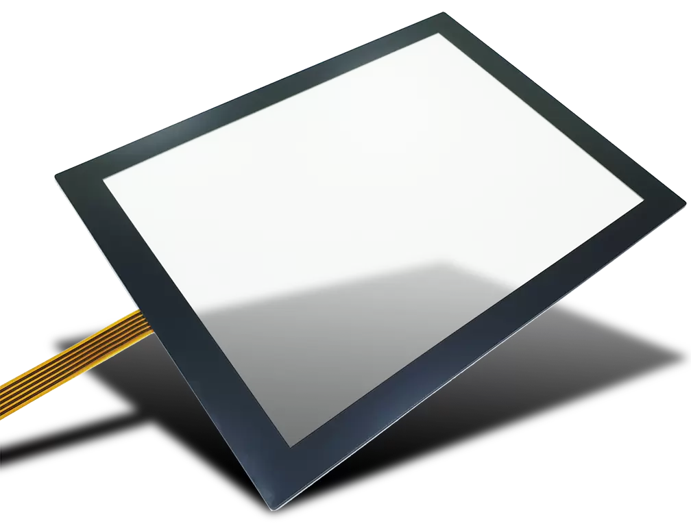 resistive touch panel with bezel-free design with black border and logo printed.