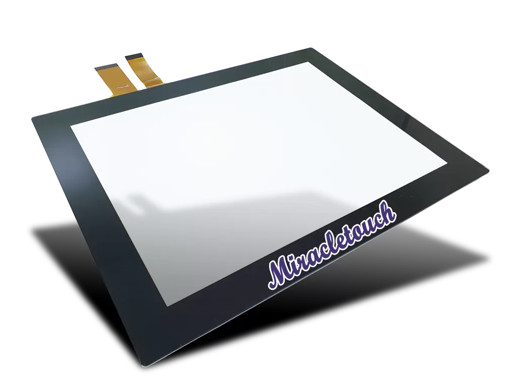 projected capacitive touch panel with bezel-free design with black border and logo printed.